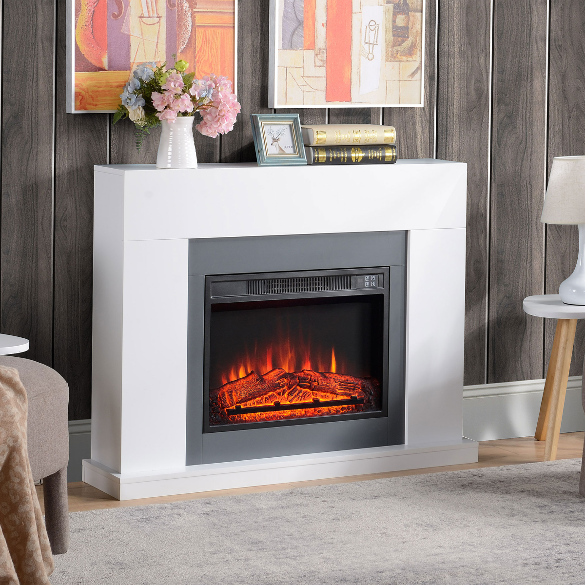 HOMCOM Freestanding Electric Fireplace Heater with LED Flame, Remote and Timer – Living Room Fireplace Suite