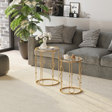 HOMCOM Set of 2 Gold Nesting Side Tables with Tempered Glass Tops – Space-Saving Coffee Tables