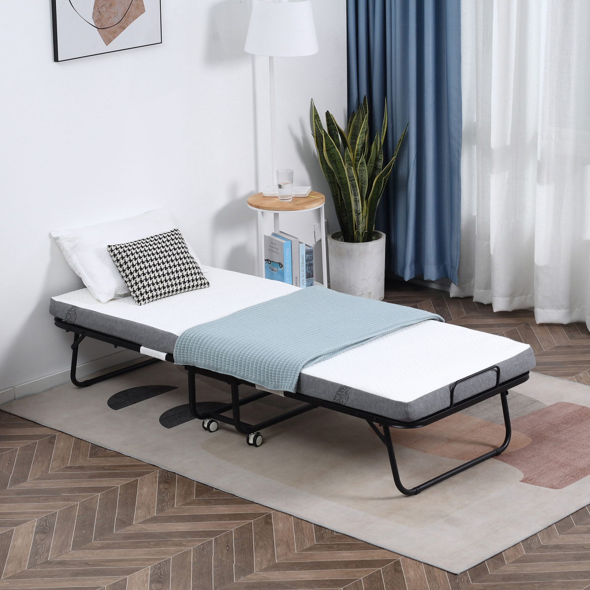 HOMCOM Folding Guest Bed with 10cm Mattress – Portable Metal Frame with Castor Wheels