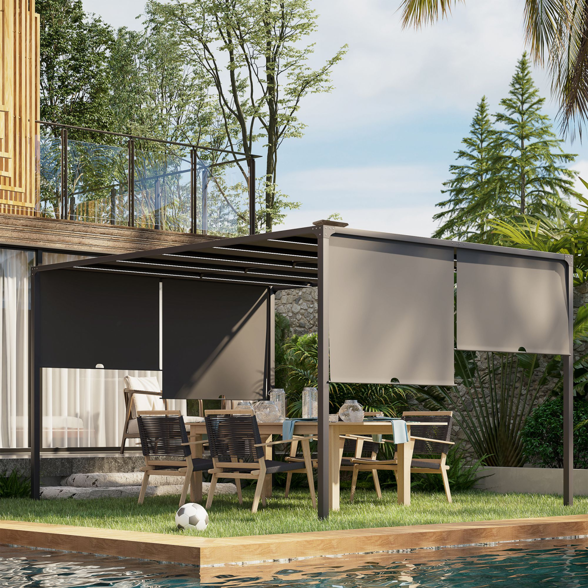 Outsunny 3x4m Garden Pergola with Retractable Roof & Solar LED Lights – Metal Gazebo, Grey