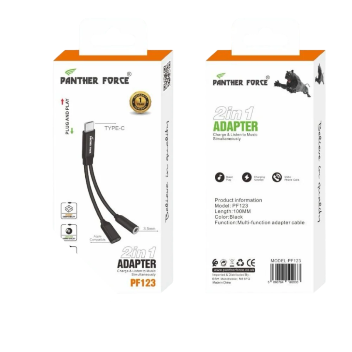 Panther Force 2-in-1 USB-C to 3.5mm and USB-C Adapter – Fast Charging and Data Transfer
