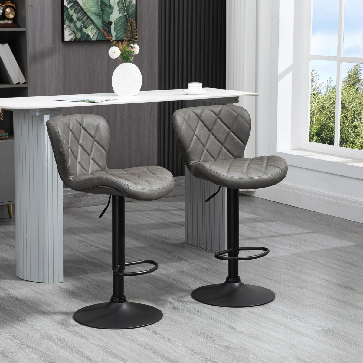 HOMCOM Adjustable Swivel Bar Stools, Set of 2 – Faux Leather Kitchen Island Stools with Footrest, Dark Grey