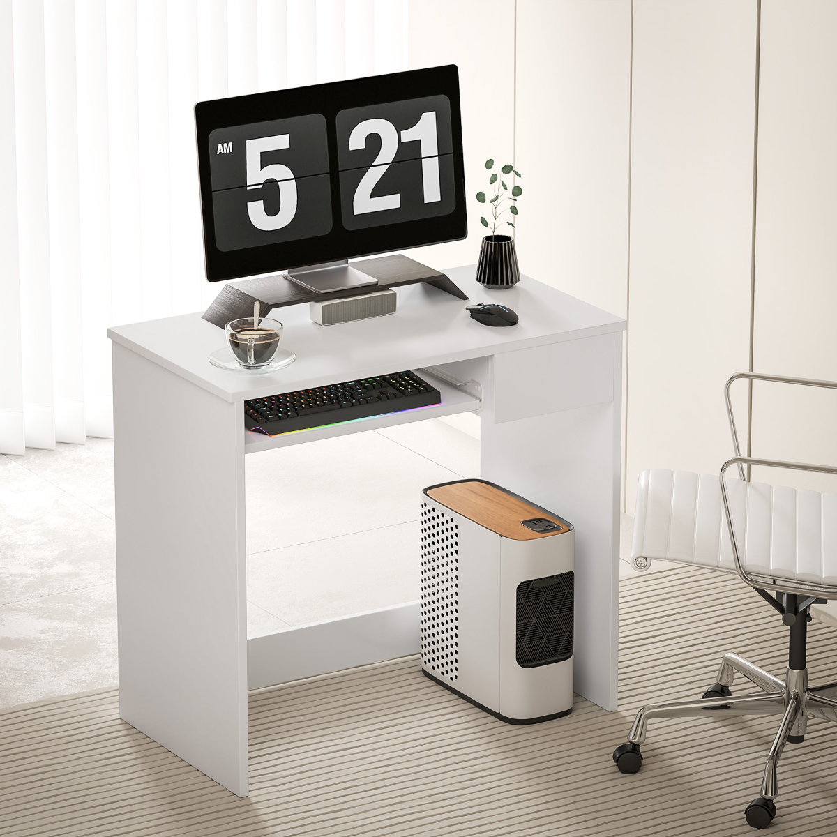 HOMCOM Compact Computer Table with Keyboard Tray and Drawer – Space-Saving Home Office Desk, White