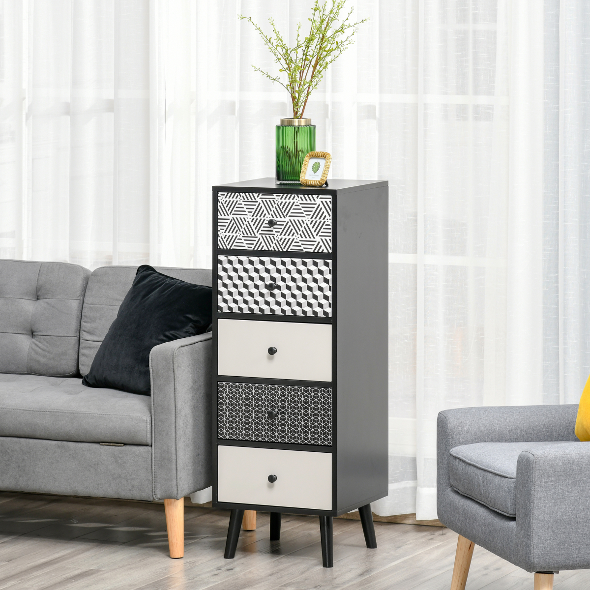 Geometric Print 5-Drawer Wooden Chest of Drawers with Anti-Tip Fitting – Bedroom Storage