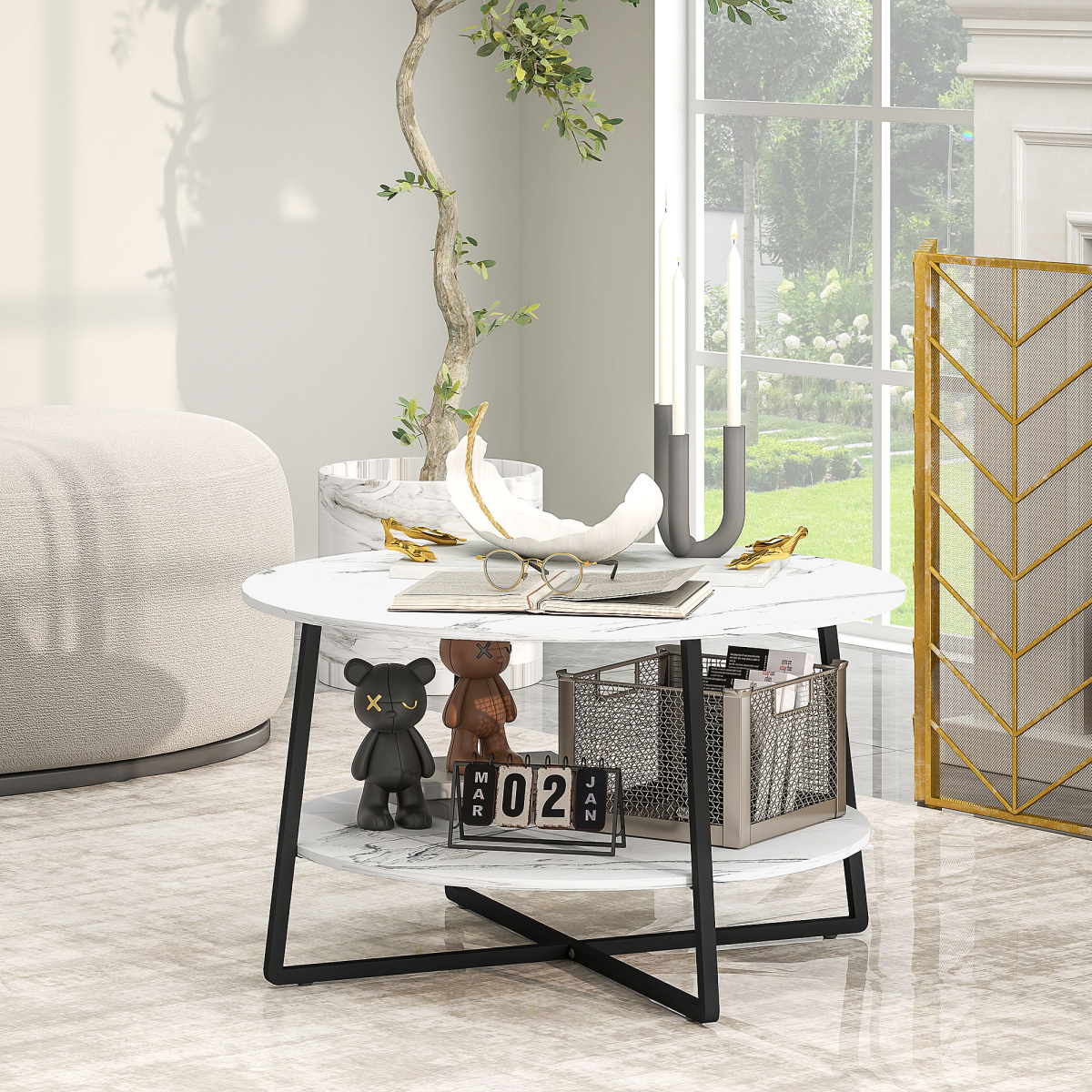 HOMCOM Round Coffee Table with Storage Shelf and Marble-Effect Top, 80cm – Steel Frame Living Room Table, White