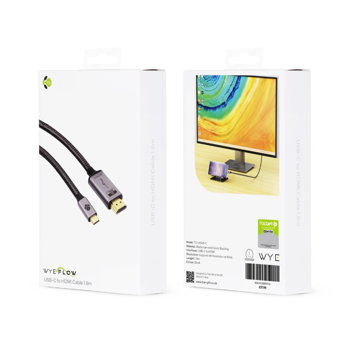 WYEFLOW USB-C to HDMI Cable 1.8m with 4K 60Hz Support – Braided Aluminium Video Cable, Black