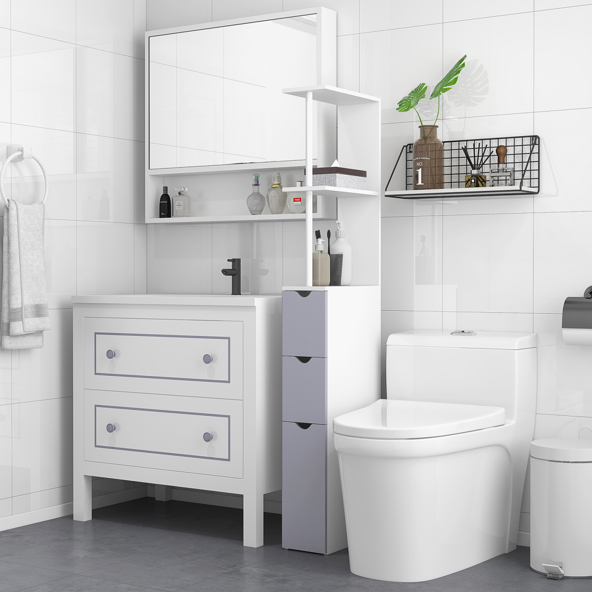 HOMCOM Slim Bathroom Storage Cabinet with 2 Open Shelves and 3 Drawers – Tall Freestanding Unit, White