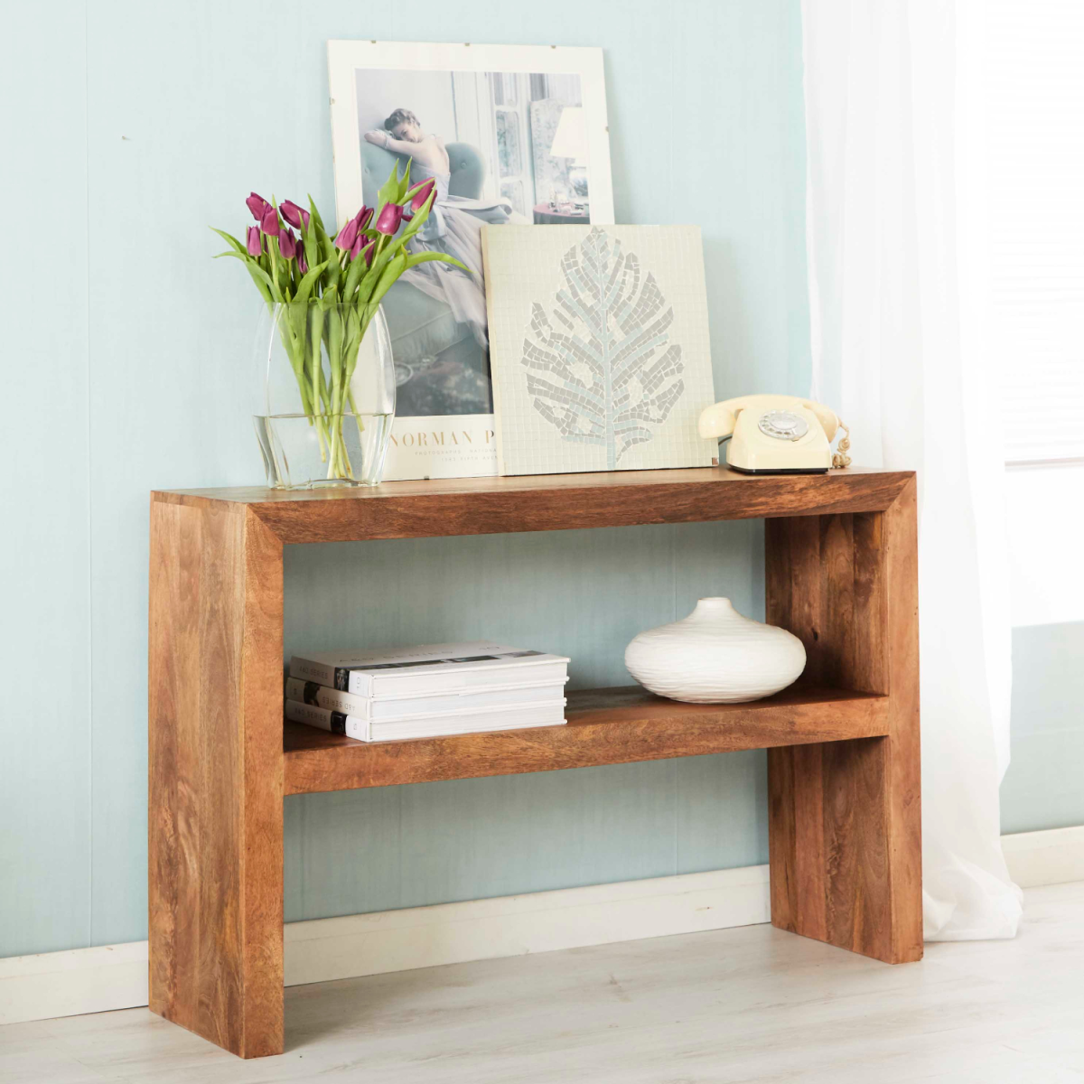 Toko Solid Mango Wood Console Table with Matching Wooden Handles – Hallway Furniture, Light Natural
