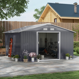 Outsunny 13 x 11FT Galvanised Steel Garden Shed with Sliding Double Door, Ventilation & Floor Foundation, Grey