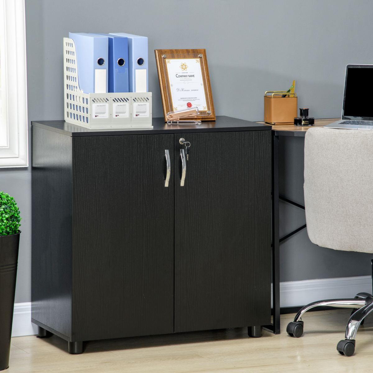 HOMCOM 2-Tier Locking Office Storage Cabinet with Two Keys – Home Office File Storage, Black