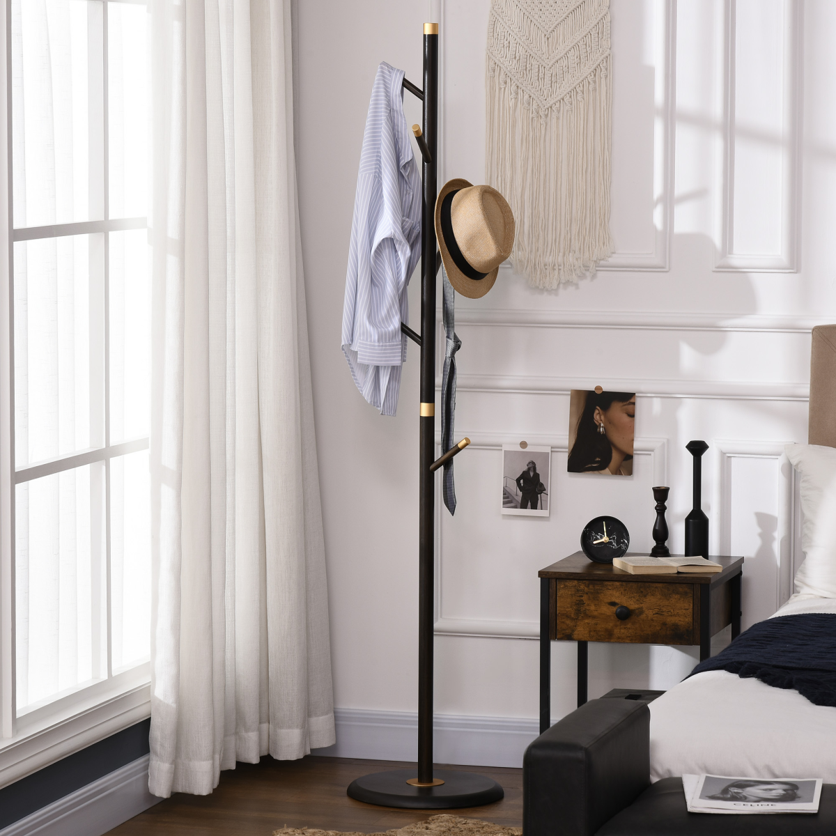 HOMCOM Bamboo Coat Stand with 6 Hooks, 180cm – Free-Standing Hall Tree with Gold-Tone Accents