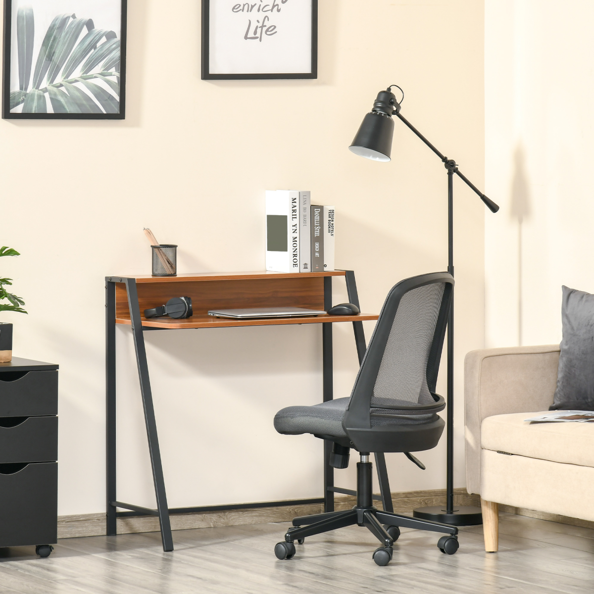HOMCOM Computer Table with Two-Tier Worktop and Steel Frame – Home Study Desk, 84cm, Walnut Colour