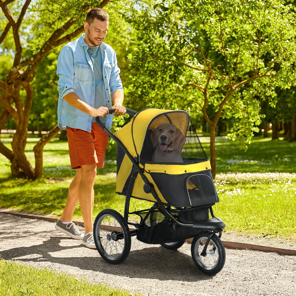 PawHut 3-Wheel Foldable Pet Stroller with Adjustable Canopy – For Small and Medium Dogs and Cats, Yellow