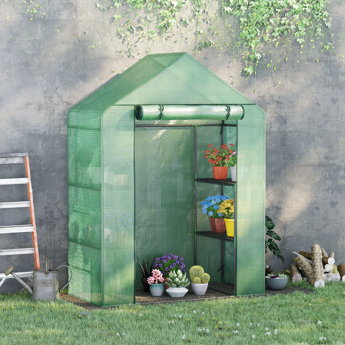 Outsunny Walk-In Greenhouse with 2 Tier Shelves, Roll-Up Zipped Door & PE Cover, 141 x 72 x 191cm – Green