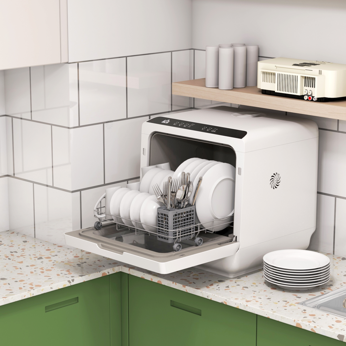 HOMCOM Tabletop Dishwasher – 4 Place Settings, 6 Programmes, Fruit & Veg Wash, Compact for Small Kitchens