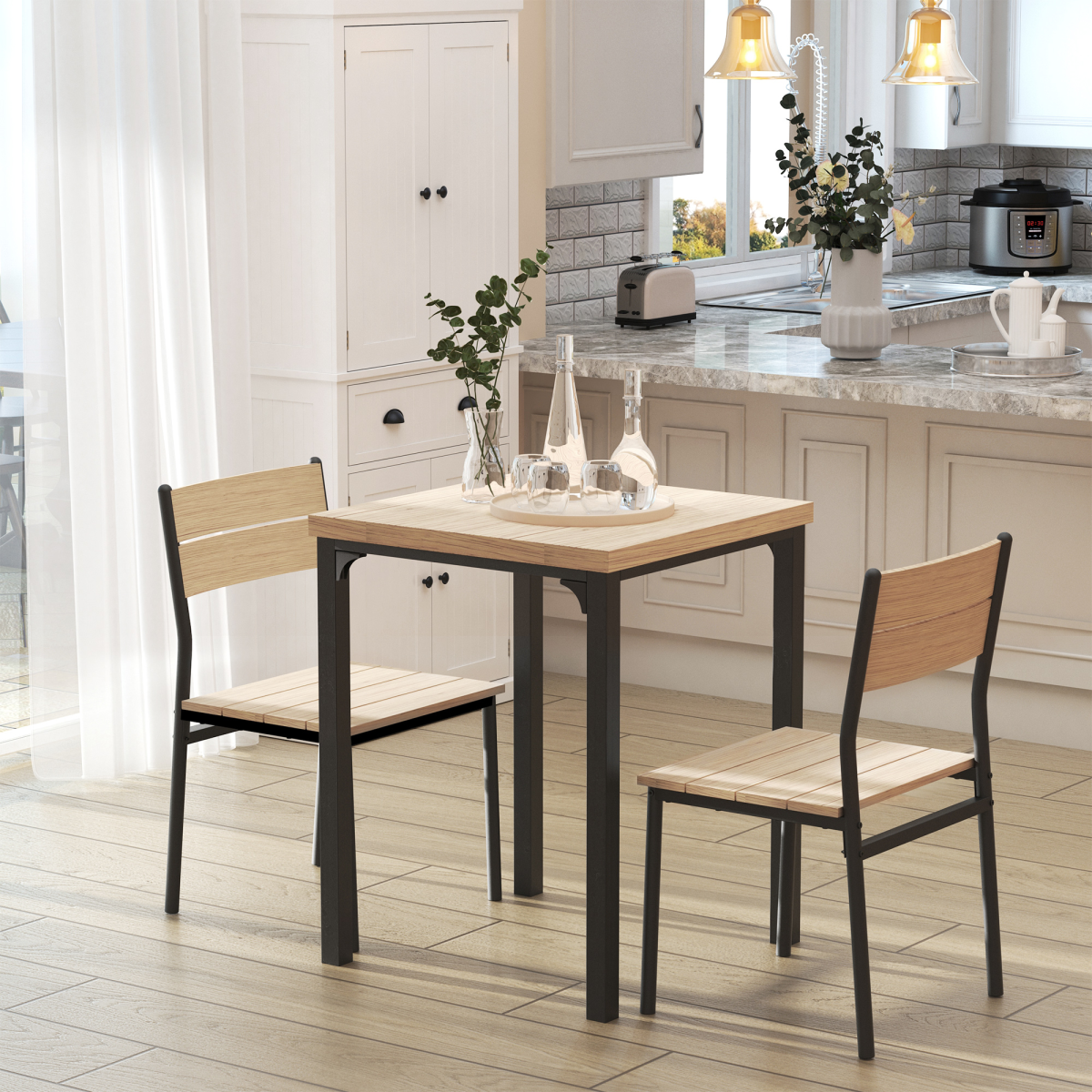 Compact 3-Piece Dining Set with Table & 2 Chairs – Wood-Effect Tops, Metal Legs, Small Spaces
