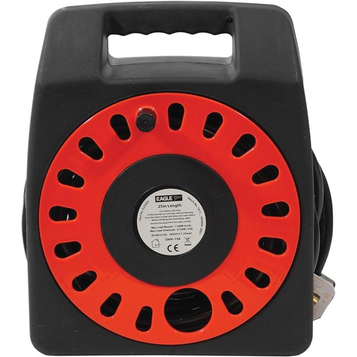Eagle 4 Socket Cassette Extension Cable Reel, 25m – Overload Cut-Out with Reset, Carry Handle, Red/Black