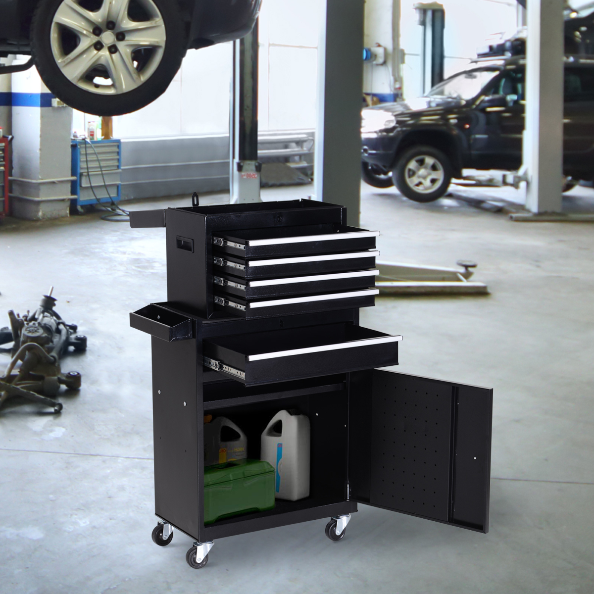 DURHAND Steel 4-Drawer Rolling Tool Cabinet with Removable Top Chest and Cupboard – Black