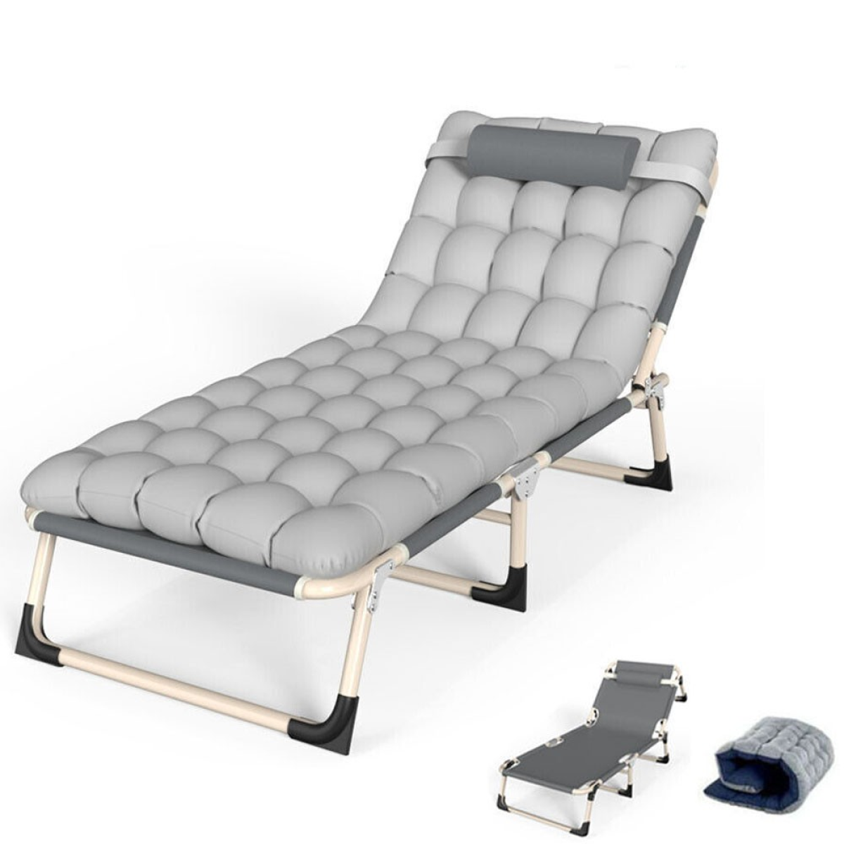 Folding Camping Bed with Cushion & Heavy Duty Steel Legs – Portable Lightweight Adult Travel Bed, Silver Grey