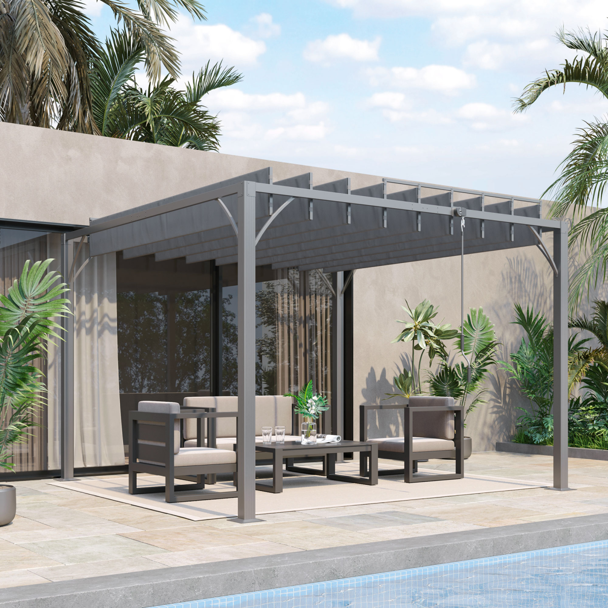 Outsunny 3x3m Metal Pergola with Retractable 135° Louvred Roof & UV50+ Protection – Garden Patio Shelter, Grey