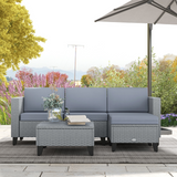 Outsunny 5-Piece PE Rattan Garden Furniture Set with Glass-Top Coffee Table & Cushions – Outdoor Lounge Set, Grey