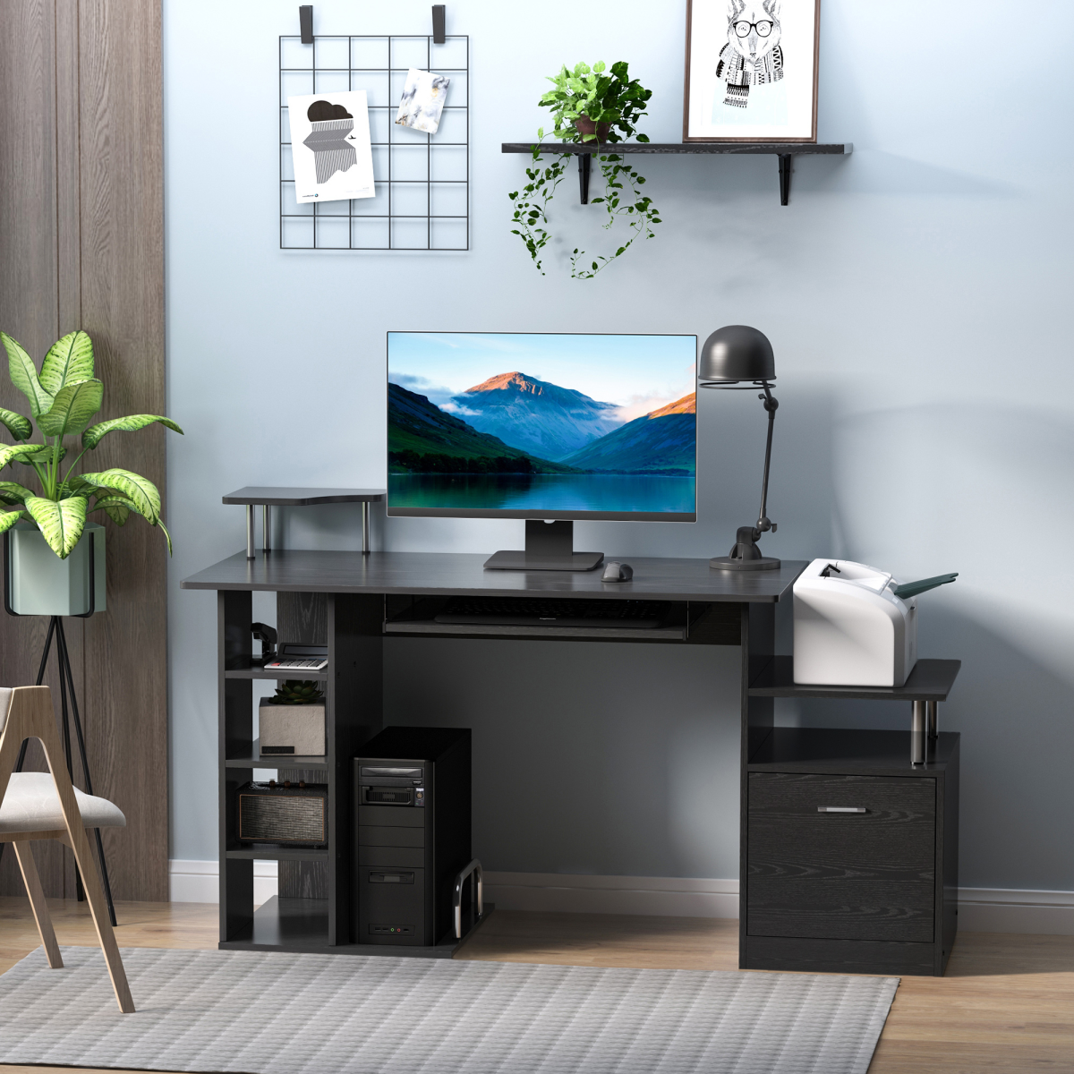 HOMCOM Wooden Computer Desk with Pull-Out Keyboard Tray, Storage Drawer & Printer Shelf