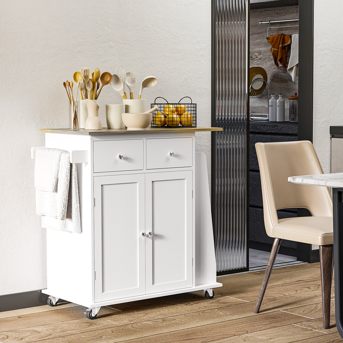 HOMCOM Kitchen Island with Rubberwood Top, 2 Drawers, Cupboard and 3-Tier Spice Rack – Storage on Wheels