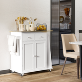 HOMCOM Kitchen Island with Rubberwood Top, 2 Drawers, Cupboard and 3-Tier Spice Rack – Storage on Wheels