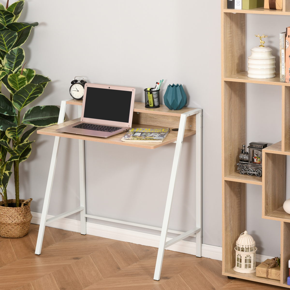 HOMCOM Two-Tier Computer Workstation Desk with Storage Shelf, Steel Frame – Home Office Study Table, White & Oak