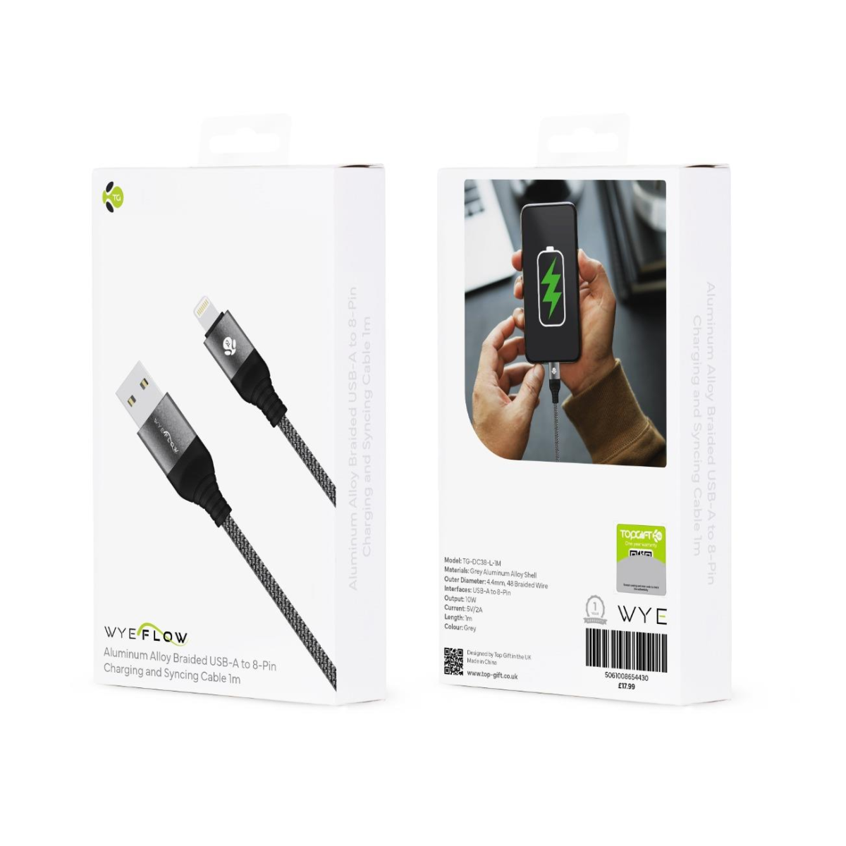 WYEFLOW Aluminium Alloy Braided USB-A to 8-Pin Charging & Syncing Cable – 1m, Black