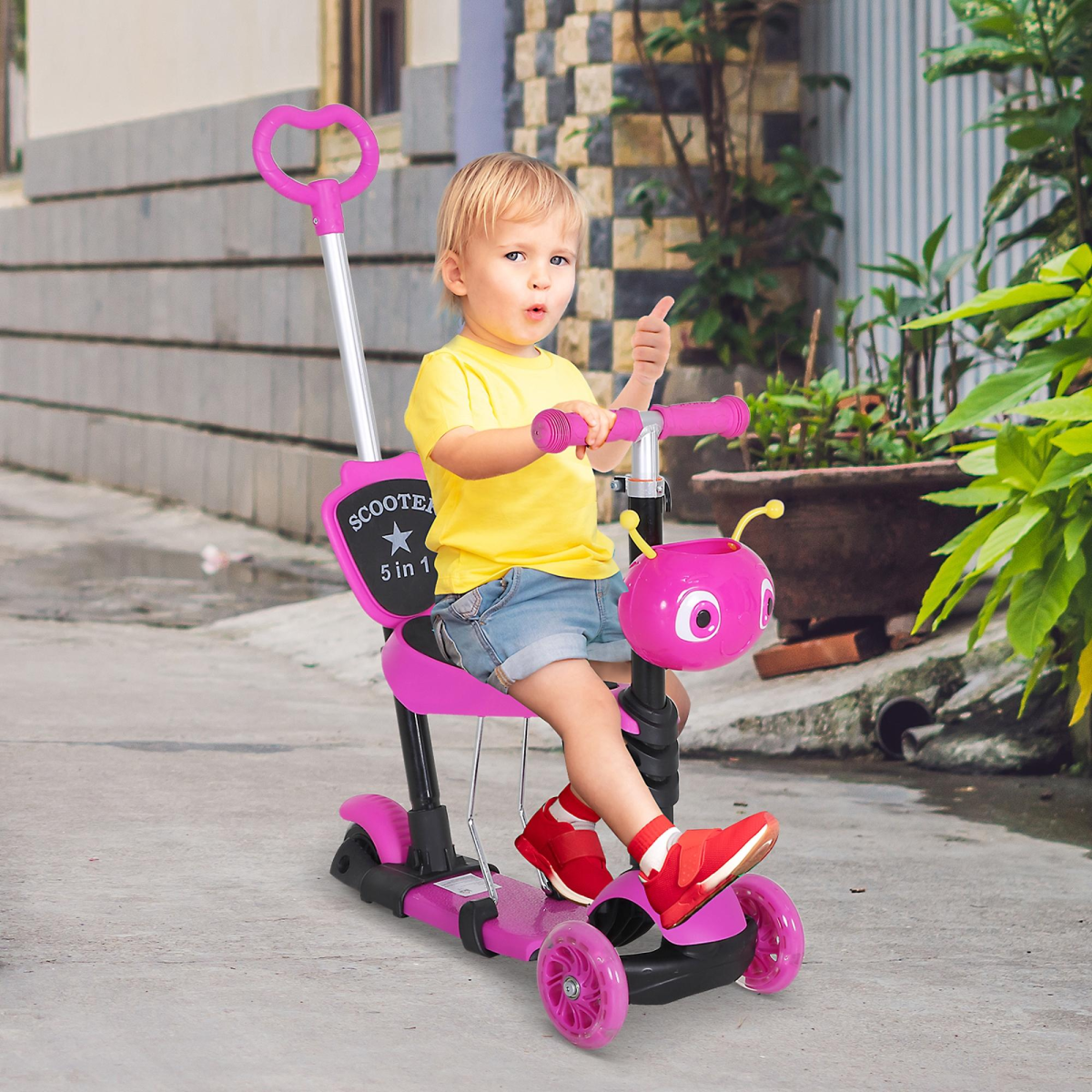 HOMCOM 5-in-1 Kids Kick Scooter with Removable Seat & Height-Adjustable Handle – Lean-to-Steer Toddler Scooter