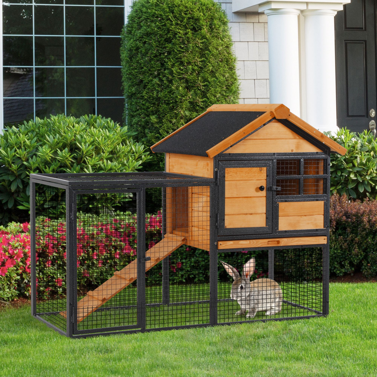 PawHut Wood-Metal Rabbit Hutch with Run, Ramp & Pull-Out Tray – Elevated Outdoor Pet House, 122 x 63 x 92 cm