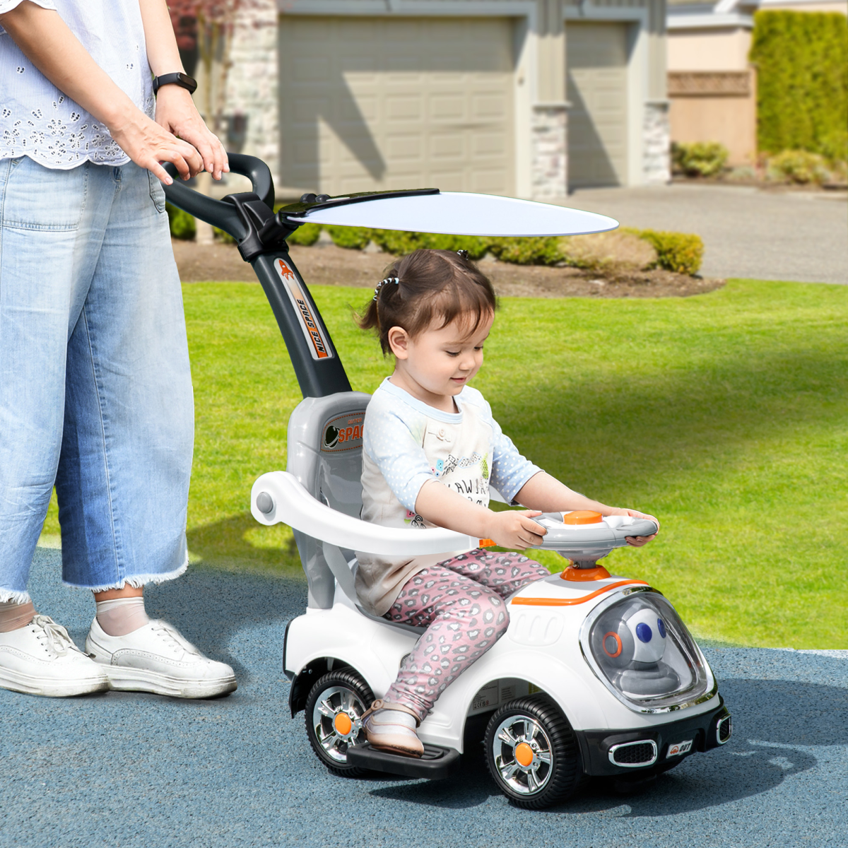 AIYAPLAY 3 in 1 Ride-On Push Car with Parent Handle & Canopy – Robot Foot to Floor Slider, 12-36 Months, White