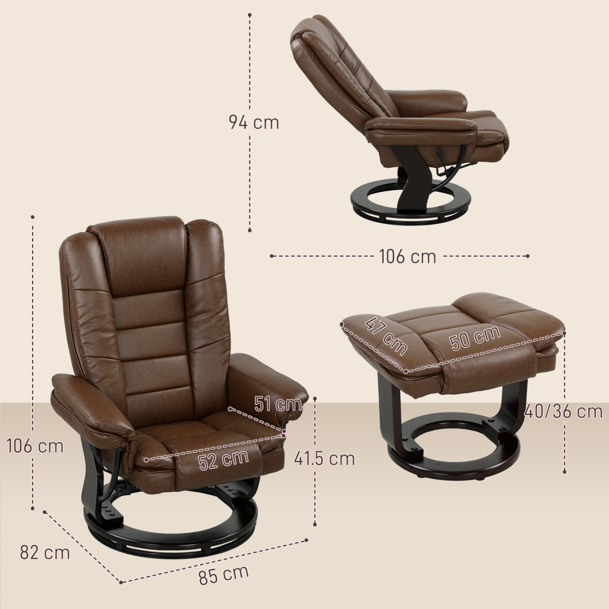 Swivel Recliner Chair with Footstool, 135° Reclining Back & Faux Leather – Padded Armchair Set, Dark Brown