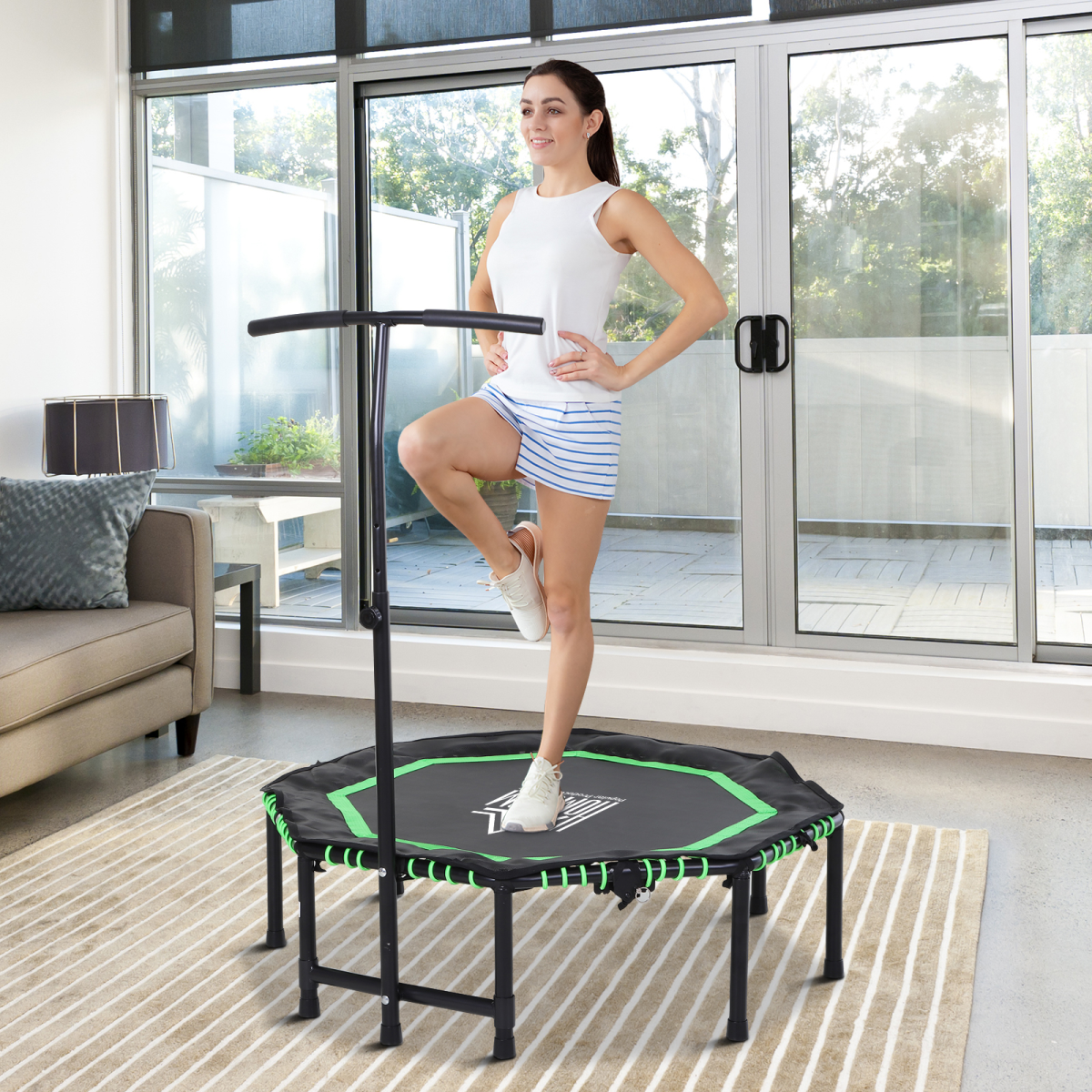 HOMCOM Foldable Fitness Trampoline with 3-Level Adjustable Handle – Rebounder for Adults & Teens, Green