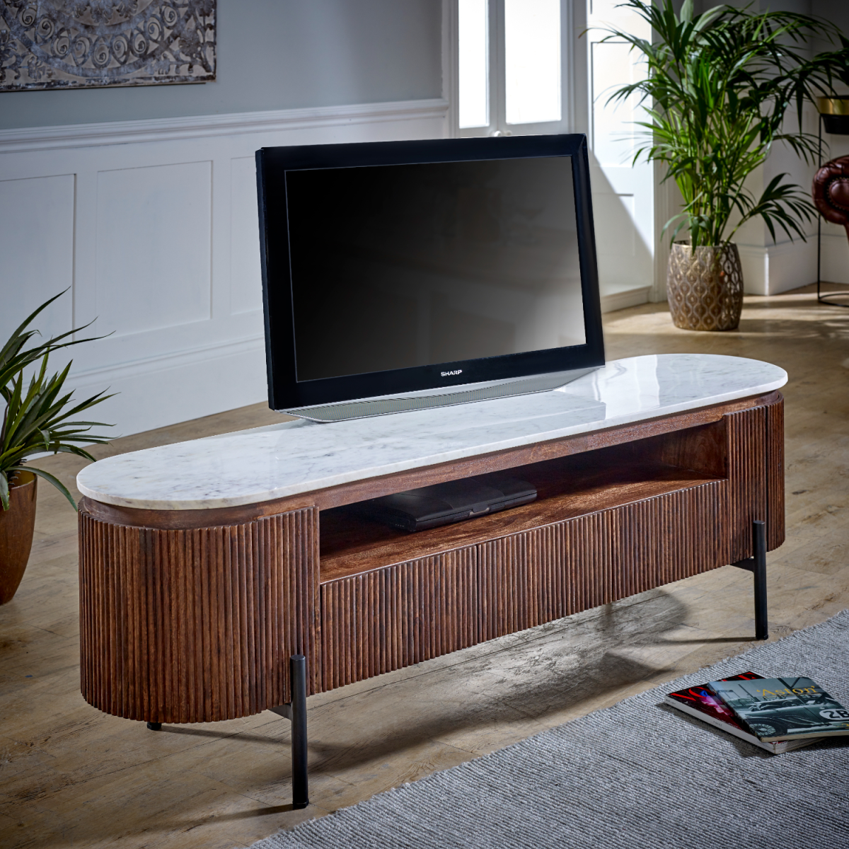 Opal Large Mango Wood TV Stand with Real Marble Top & Metal Legs – Media Unit for Wide-Screen TVs