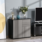 Glossy and Matte Side Cabinet with 2 Doors and 2 Drawers – Push-Open Home Office Storage, Grey and Black