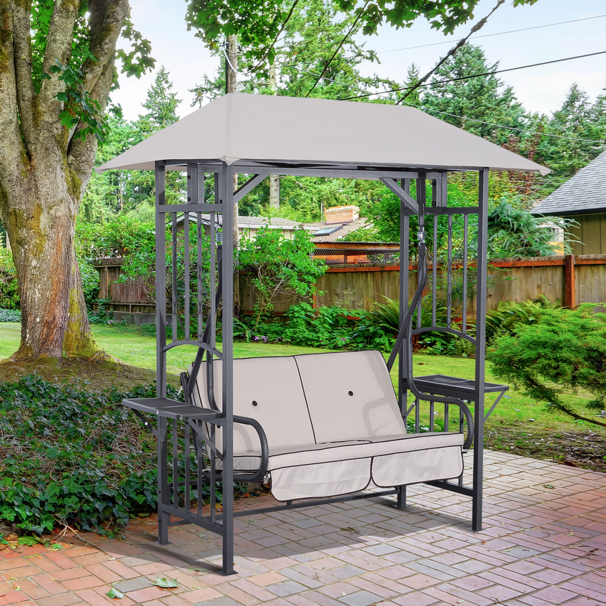 Outsunny 2-Seater Canopy Swing Chair with Side Tables & Cushions – 2-in-1 Garden Gazebo Swing, Steel Frame