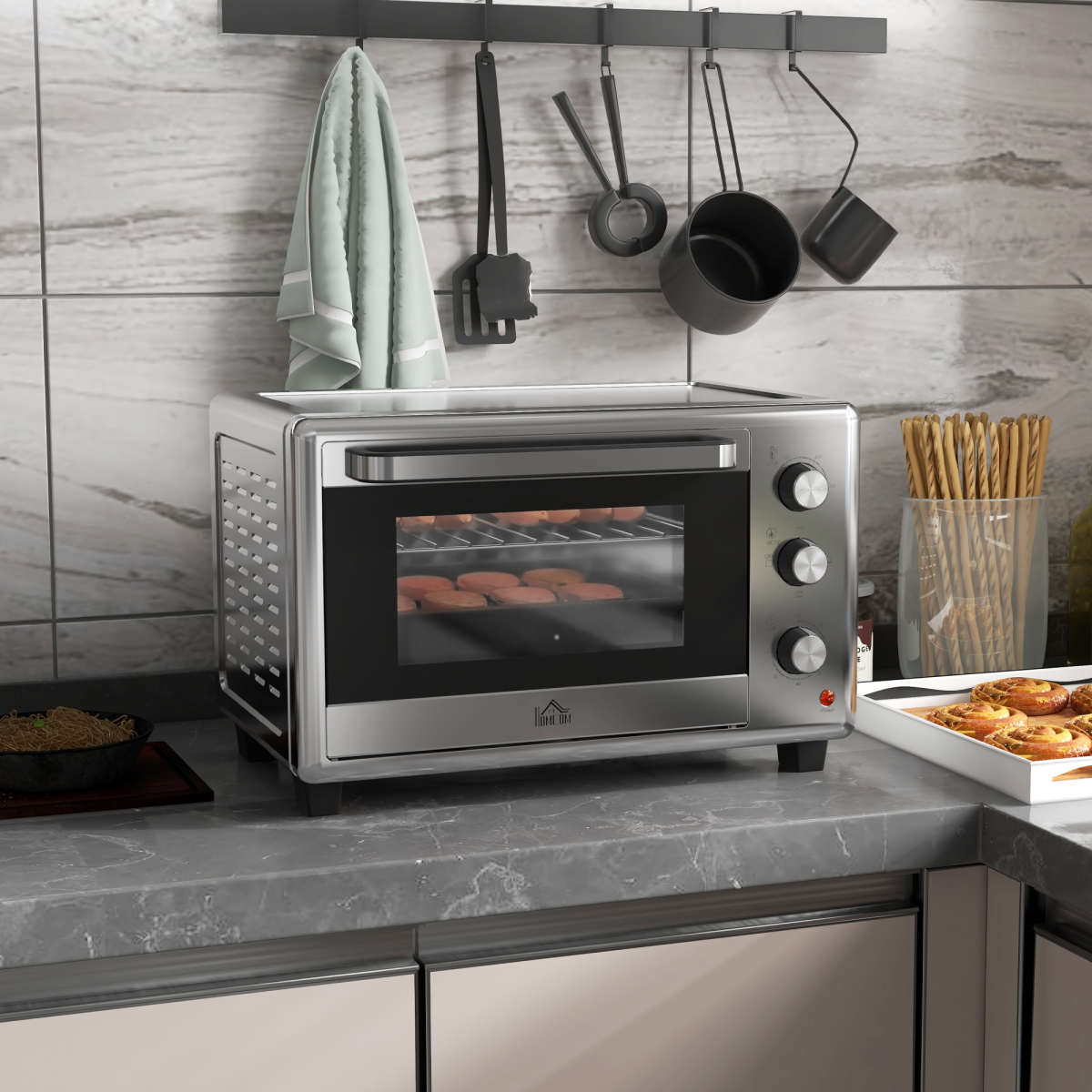 HOMCOM 30L Mini Oven with Adjustable Temp & 60 Min Timer, 1600W – Spacious Countertop Cooking, Silver