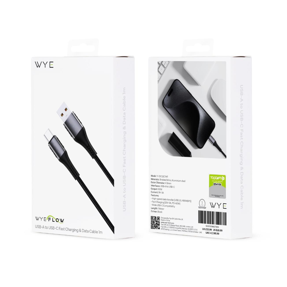 WYEFLOW USB-A to USB-C Charging & Data Cable, 1m – 60W PD Fast Charging, Braided, Black