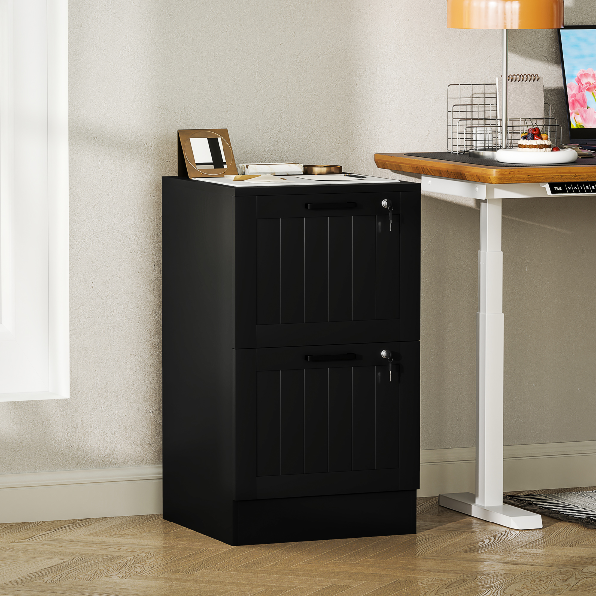 HOMCOM 2 Drawer File Cabinet with Lock and Adjustable Hanging Bars – A4 and Letter Document Storage, Black
