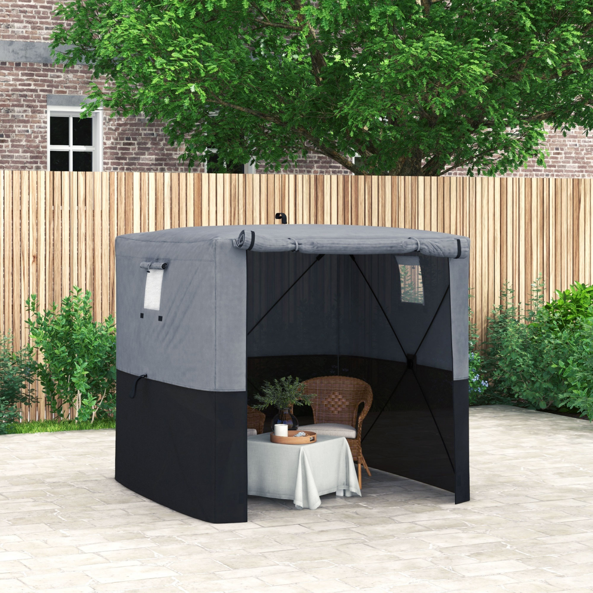 Outsunny 2 x 2m Pop Up Gazebo Party Tent with Sides, 2 Mesh Windows & Carry Bag – UV30+ Cover, Black/Grey