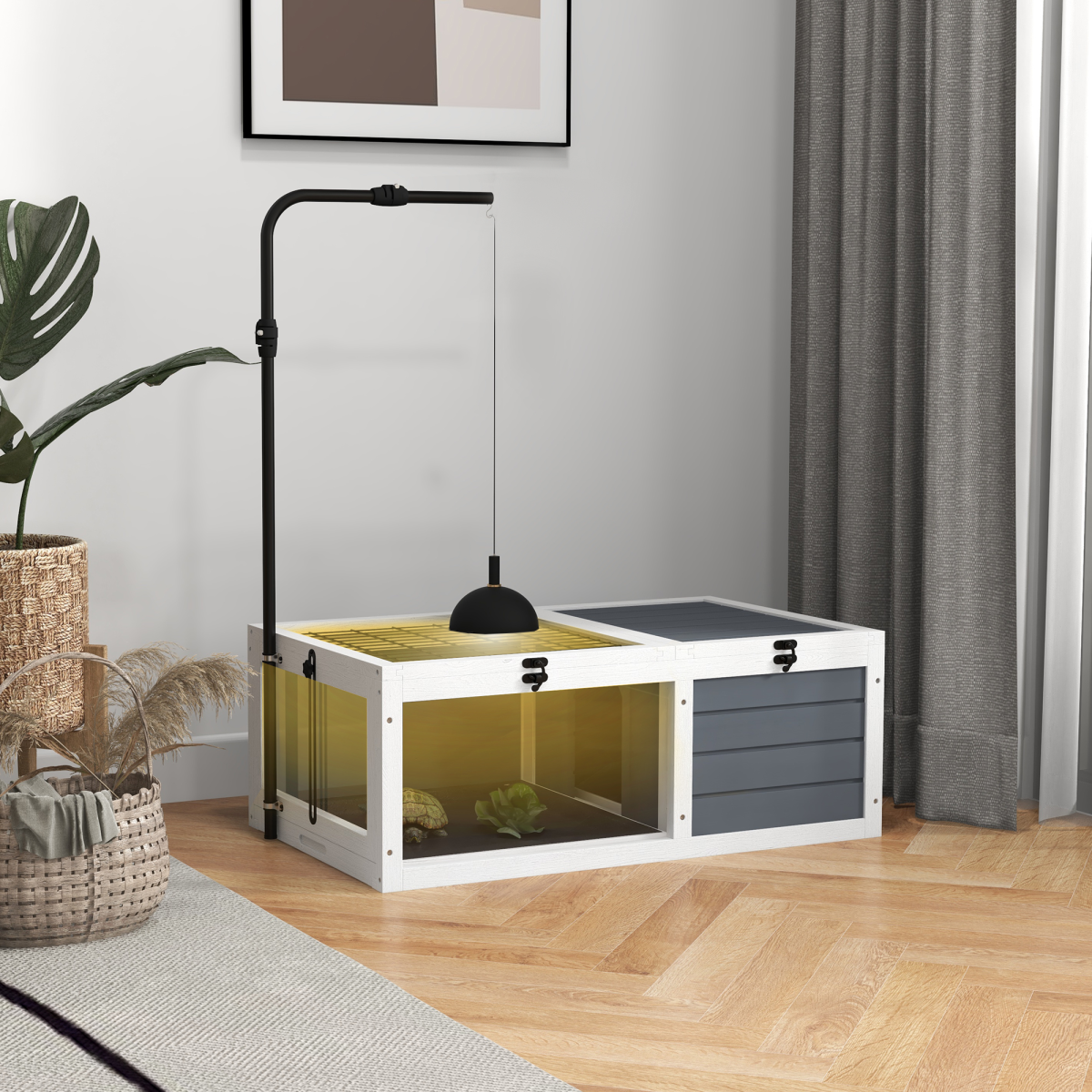 PawHut Wooden Tortoise House with Hide Box, Basking Area & Adjustable Lamp Holder – Tortoise Table, Grey