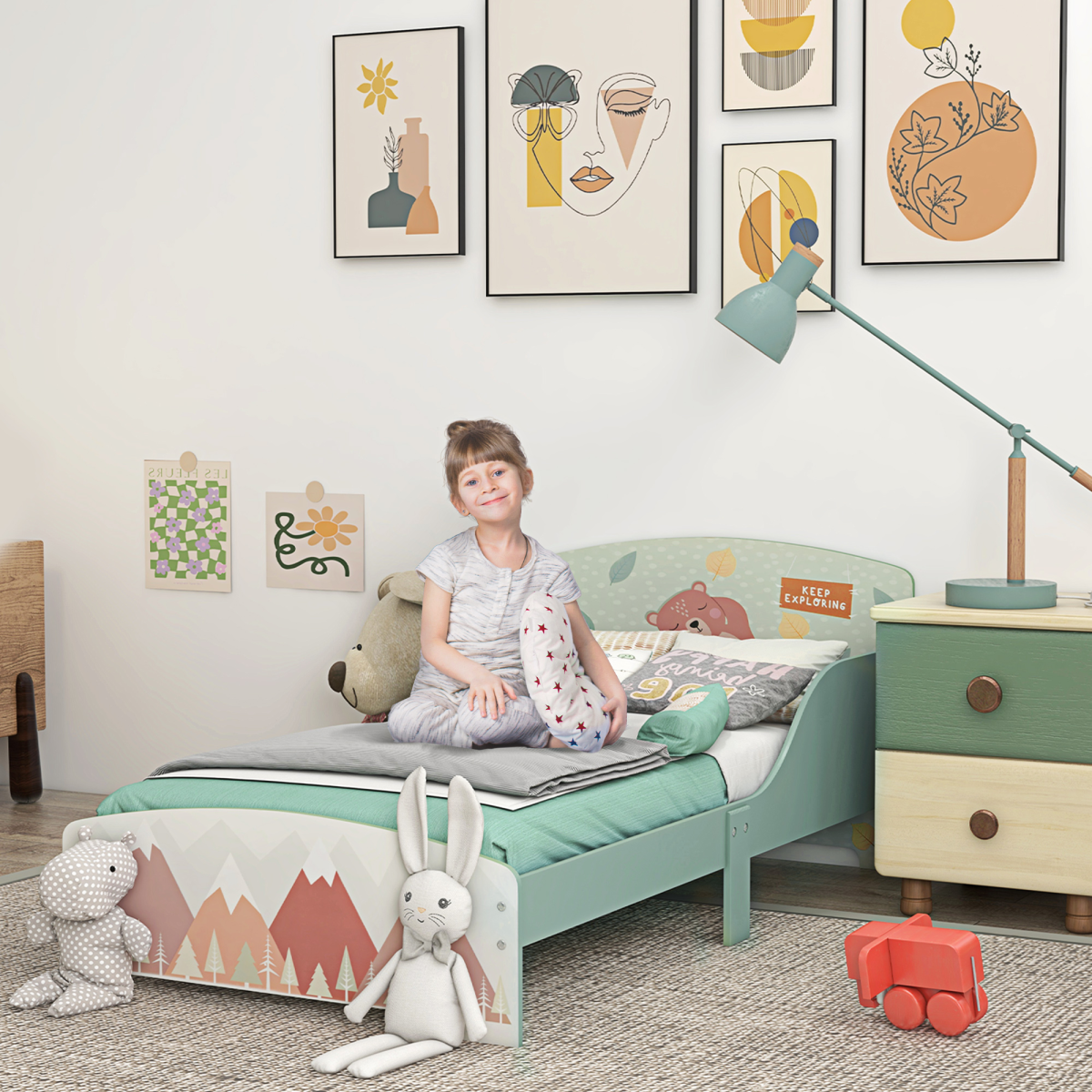 ZONEKIZ Animal Design Toddler Bed Frame with Raised Side Panels – Green, Ages 3-6