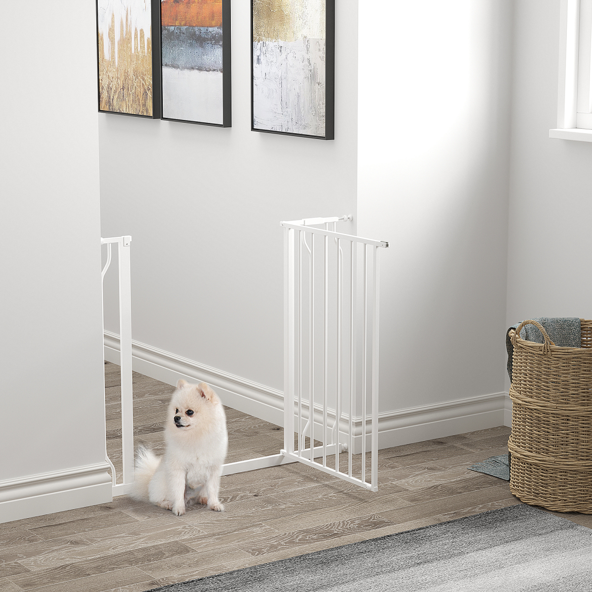 PawHut Pressure Fit Dog Gate with Door, 75–95cm Adjustable Wide Stair Gate – Steel Barrier, White