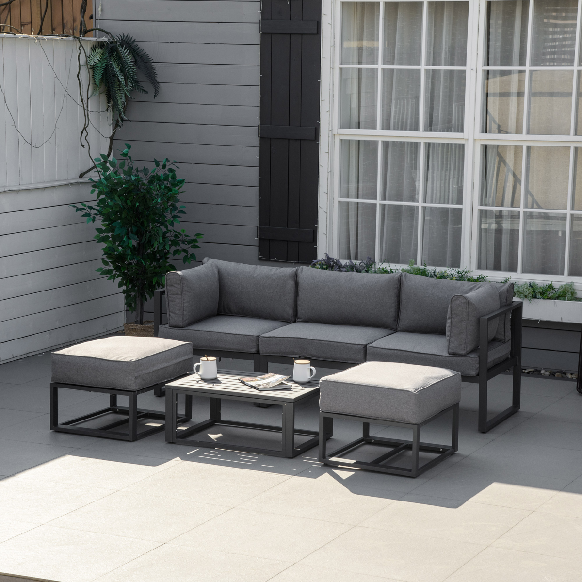 Outsunny 6-Piece Garden Daybed Sofa Set with Coffee Table & Footstools – Convertible Aluminium Lounge Set, Grey