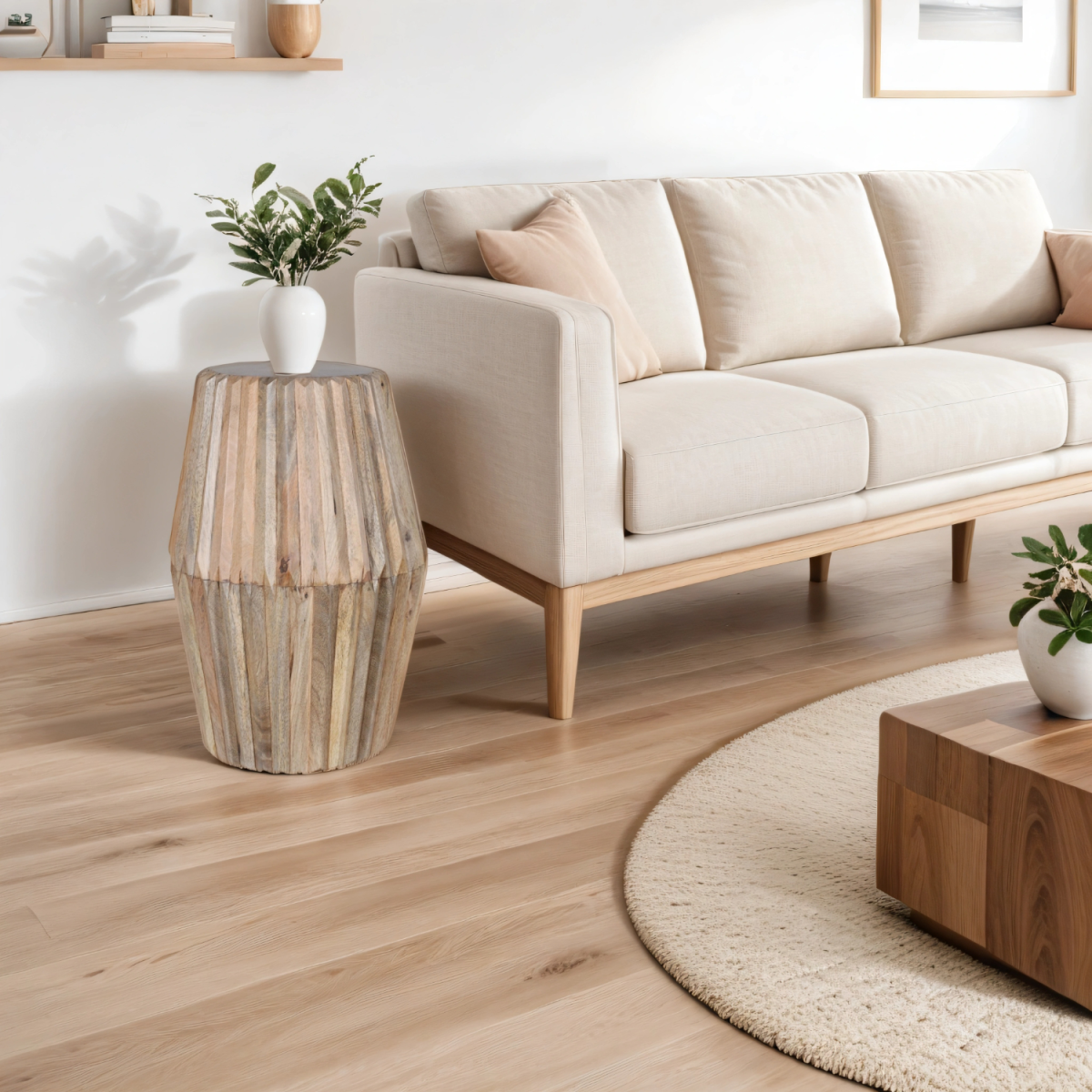 Hudson Hand-Carved Side Table in Solid Mango Wood – Handcrafted Lamp & Bedside Table with Artisan Detail