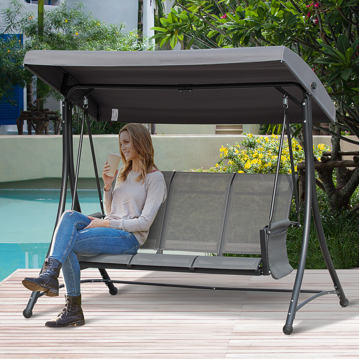 Outsunny 3-Seat Metal Patio Swing Chair with Adjustable Canopy & Side Pocket – Garden Swing Seat