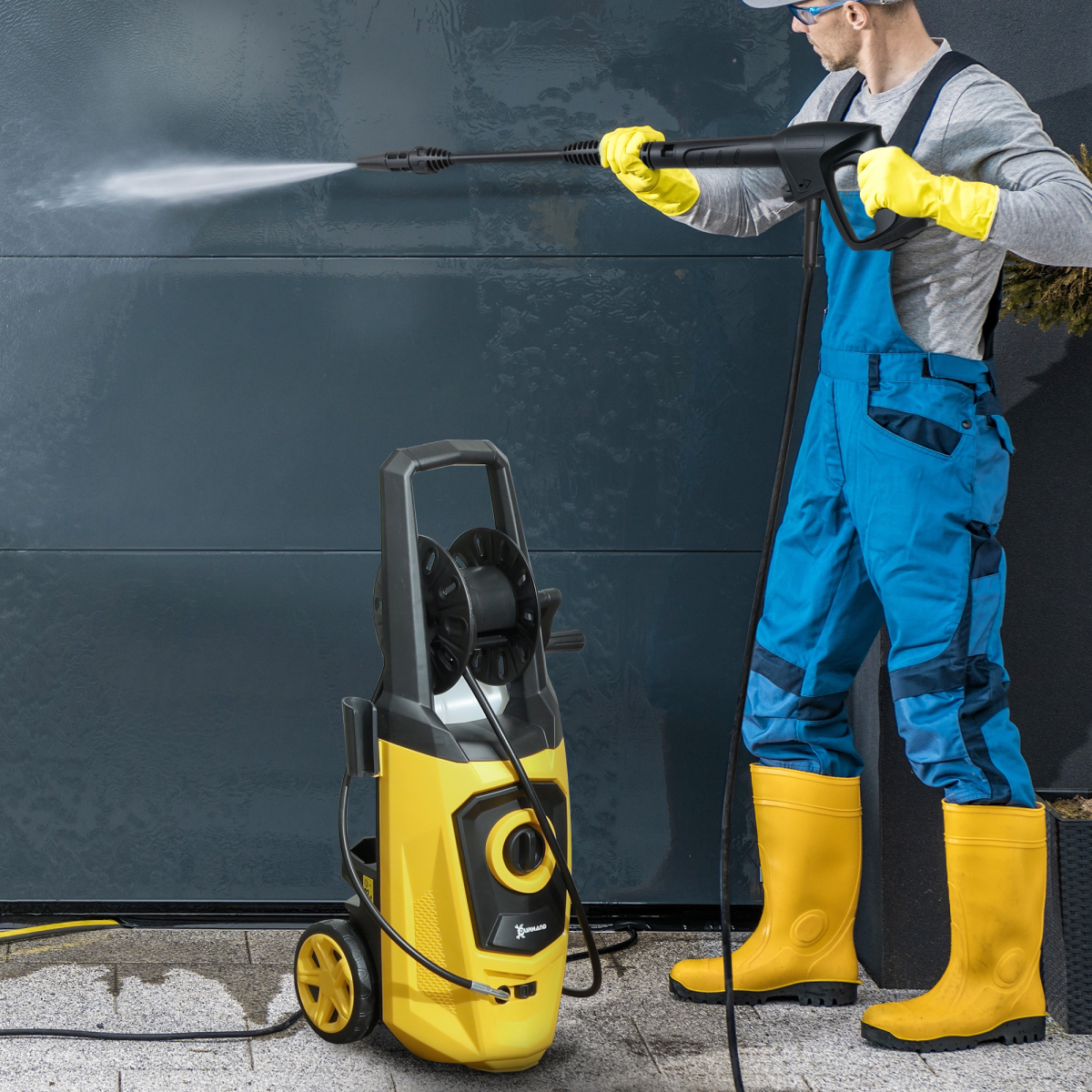 DURHAND 1800W Portable Pressure Washer, 150 Bar, 510 L/h with Foam Bottle and Hose Reel – Yellow