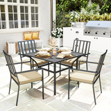 Outsunny Outdoor Dining Set with 4 Stackable Cushioned Armchairs & Metal Table, 50mm Umbrella Hole – Black/Beige
